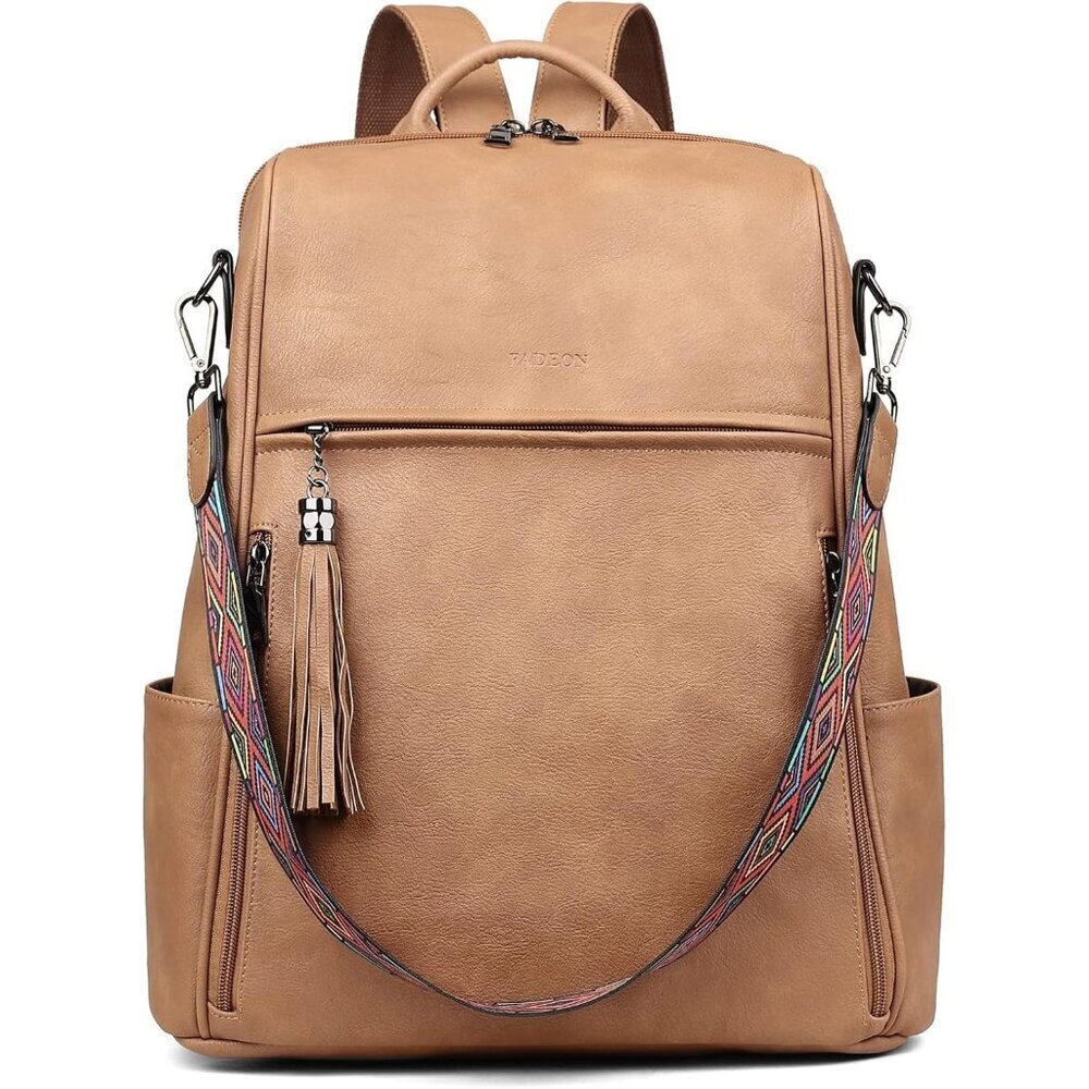 Women Camel Brown Retro Style Backpack Designer 15.6 inch PU Leather Laptop Bag